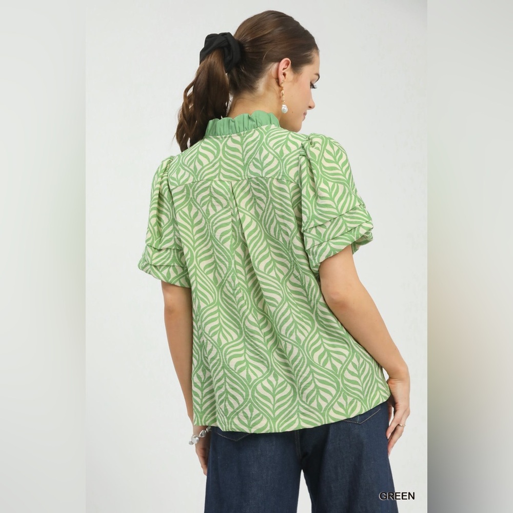 💚 Umgee Printed Puff Sleeve Ruffle Neck Top 💚🛍️ - Picture 6 of 7
